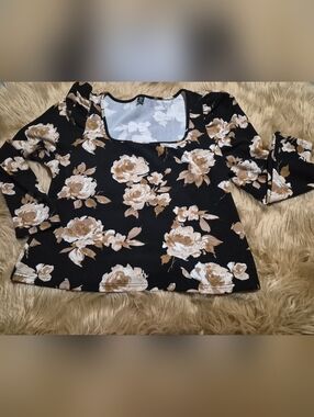 Plus Square Neck Puff Sleeve Long Sleeve Floral